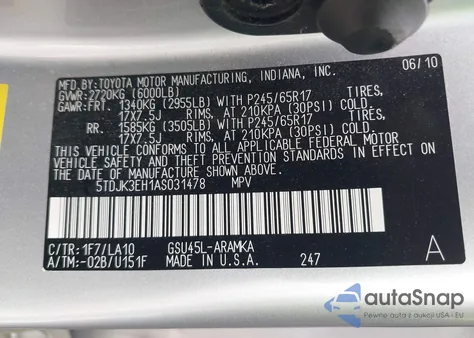 2010 Toyota Highlander Se V6 из США, поврежденный, VIN 5TDJK3EH1AS031478